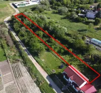 Aerial view of a garden in Branč, outlined by a red line, surrounded by greenery.