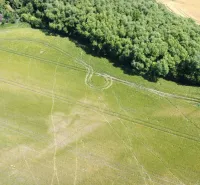 Agricultural and forest lands in Kozárovce, located next to a lush forest.