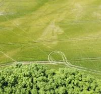 Agricultural and forest lands in Kozárovce with traces of machinery and green fields.