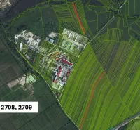 Aerial photograph of agricultural and forest lands in Jablonové with highlighted parcels.