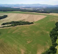 Agricultural and forest lands in Žitná - Radiša with yellow and green fields and forests.