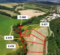 Aerial view of agricultural and forest lands in Žitná - Radiša, marked with parcels.