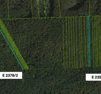Aerial view of agricultural and forest lands in Koňuš with parcels E 2378/2 and E 2359.