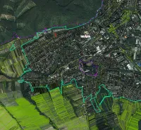 Satellite view of unusual properties and green fields in the town of Snina.