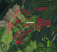 Aerial view of agricultural and forest lands around Valentovce with detailed parcel division.