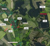 Map of agricultural and forest land around Bátorová with marked parcels.