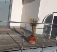 A balcony with glass railing and a potted plant in a 2-room apartment.