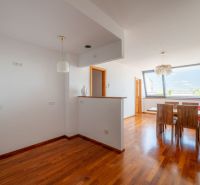 Interior of a 2-room apartment with a wooden decor floor and a dining table.