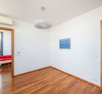 A room with a wooden floor, a chandelier, and a painting in a two-room apartment.