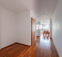 A hallway in a 2-room apartment with a wooden decor floor and a dining area.