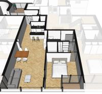 Floor plan of a 2-room apartment with a kitchen, living room, and dining area.