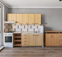 A kitchen in a studio apartment with a wood-patterned floor and wooden cabinets.
