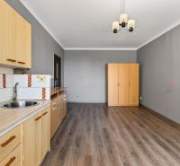 Interior of a 1-room apartment with a kitchen unit, wardrobe, and floor with a wooden decor.