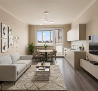 Living room in a one-room apartment with a wooden decor floor and a sofa.