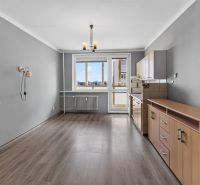 Gray walls, kitchen unit, and wooden decor flooring in a studio apartment.