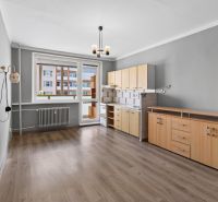 A kitchen in a studio apartment with a wooden decor floor and built-in cabinets.