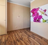 A room in a one-room apartment with a wooden decor floor and floral wall decoration.