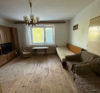 Living room in a family house with a wooden decor floor and older furniture.
