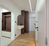 A hallway in a 3-room apartment with a wooden decor floor and a mirror on the wall.