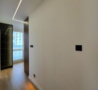 A hallway in a 3-room apartment with a wood-patterned floor and built-in lighting.