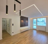 Living room in a three-room apartment with wood-patterned flooring and ceiling lights.