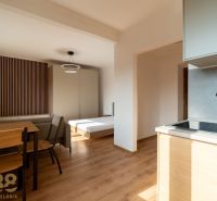 A kitchen with a kitchen unit, a dining table, and a bed, with a wooden decor floor.