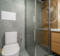 A bathroom in a studio apartment with a shower and a toilet, tiled with large tiles.