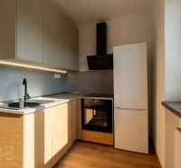 A kitchen in a one-room apartment with a wooden decor floor and appliances.