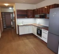 A kitchen in a family house with a wooden decor floor and built-in cabinets.