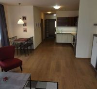 Living room with wood-patterned flooring, dining table, and kitchen unit.