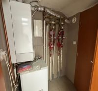 Boiler room with piping and boiler in commercial premises.