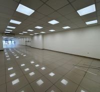 Commercial premises with a white ceiling and lighting fixtures, tiles, spacious interior.