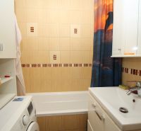 Bathroom in a 2-room apartment with a washing machine, bathtub, and sink.