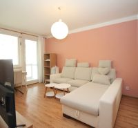 Living room with a sofa, television, and wooden decor flooring in a 2-room apartment.