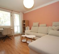Living room in a two-room apartment with a wooden decor floor and a gray sofa.