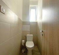 A narrow bathroom with light tiles and a wooden decor floor in a 3-room apartment.