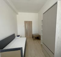 Bedroom in a 3-room apartment with a bed, wardrobe, and floor with a wooden decor.