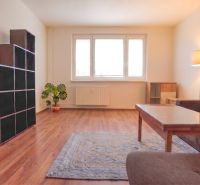 Living room with a sofa, table, floor lamp, and wooden decor flooring in a three-room apartment.