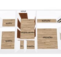Floor plan of a 3-room apartment with wood-patterned flooring, including the kitchen and loggia.