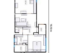 Floor plan of a family house with four rooms, a kitchen, and a bathroom. Dimensions 8.58 x 15.10 meters.