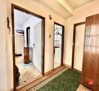 Interior of a family house with a corridor, doors, and flooring with a wooden decor.