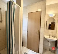 A bathroom in a family house with a sink, a shower, and tiles.