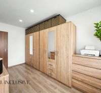 Interior design of a family house with wooden decor and a plant on the cabinet.
