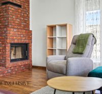 Brick fireplace, comfortable armchair, and shelf in a family house with a wood-patterned floor.