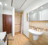 Bathroom in a family house with a sink, shower, and mirror cabinet.