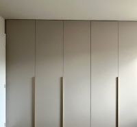 Built-in wardrobe with wood-decor flooring in a 2-room apartment.