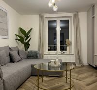 Living room with a sofa, glass table, and wooden decor flooring in a 2-room apartment.