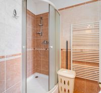 Bathroom with a shower and a towel rack in a studio apartment.