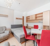 Interior of a 1-room apartment with red chairs and a wooden decor floor.