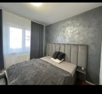 Gray bedroom with a velvet headboard in a 2-room apartment with wood-patterned flooring.